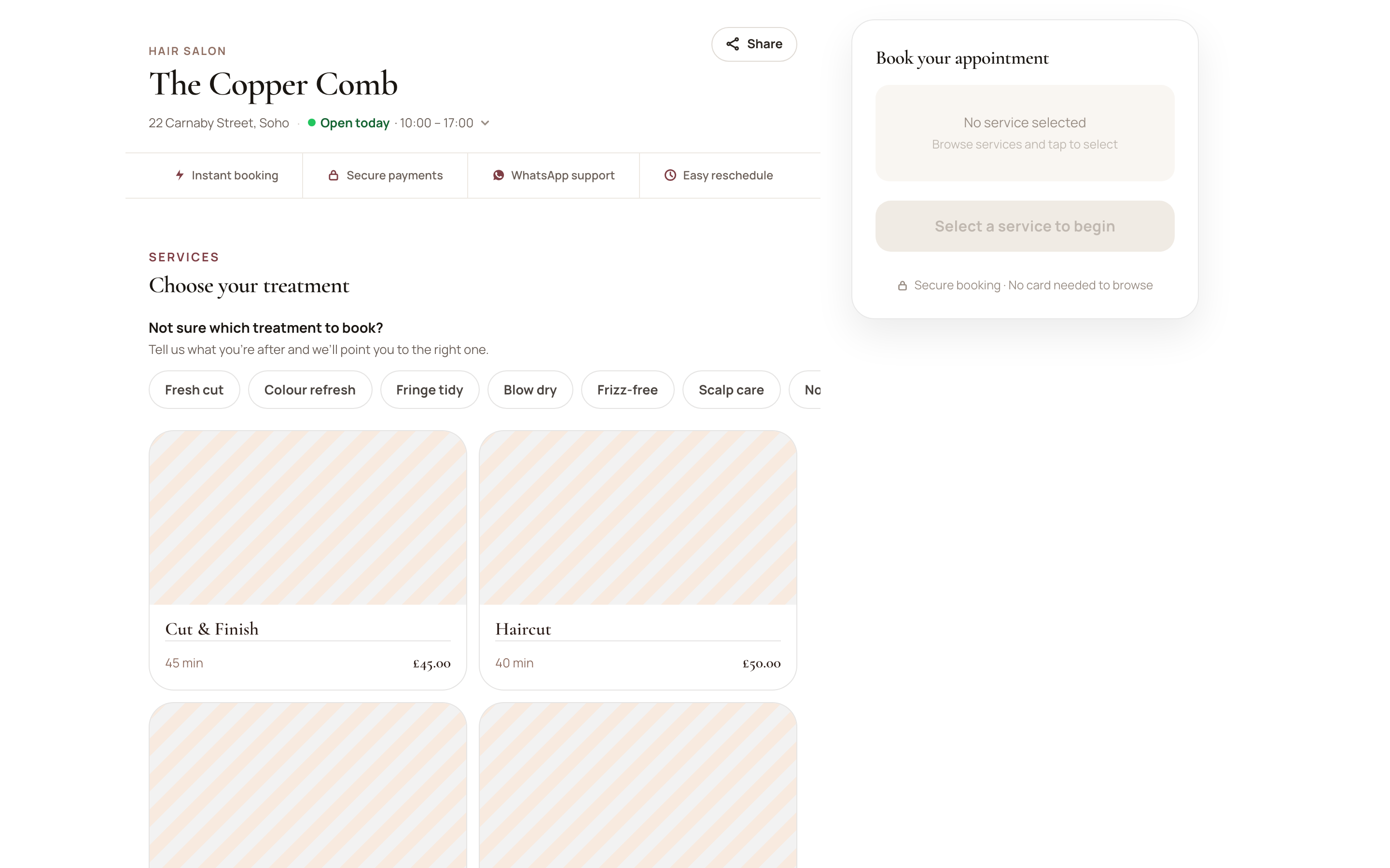 Agendaly public booking page - services with prices and a book-your-appointment panel